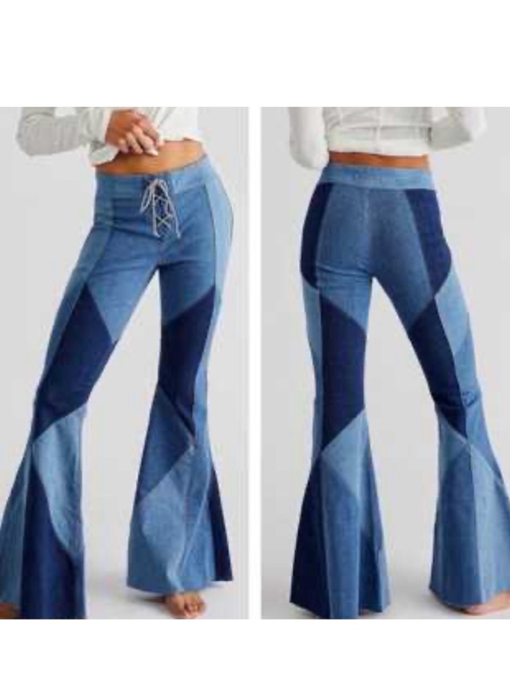 Free People Two-Tone Patchwork Flare Jeans in Blue Denim - Picture 2 of 7